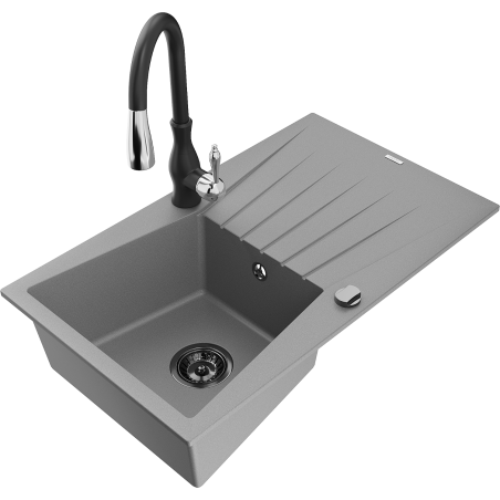 Mexen Cesar granite kitchen sink 1-bowl with drainer and Savita kitchen tap, grey - 6514-71-672601-70-B