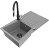 Mexen Cesar 1-bowl granite sink with drainer and Savita kitchen faucet, gray - 6514-71-672601-70-B