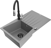 Mexen Cesar granite kitchen sink 1-bowl with drainer and Savita kitchen tap, grey - 6514-71-672601-70-B