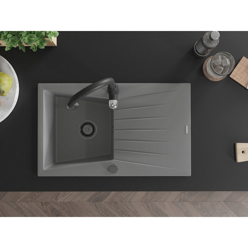 Mexen Cesar granite kitchen sink 1-bowl with drainer and Savita kitchen tap, grey - 6514-71-672601-70-B