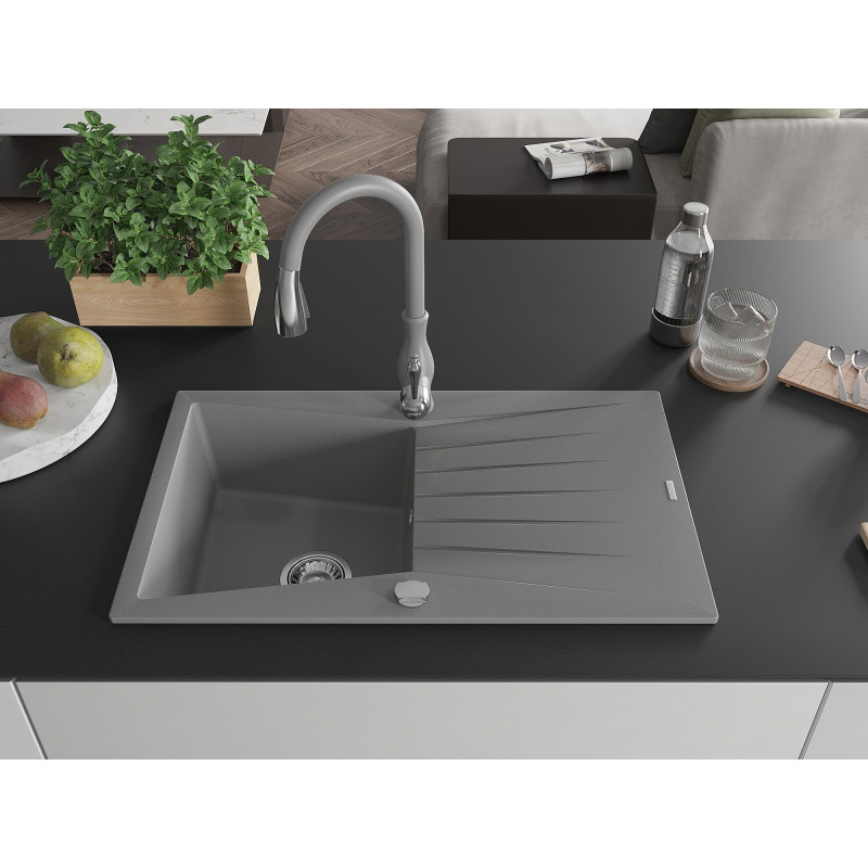Mexen Cesar granite sink 1-bowl with drainer and kitchen faucet Savita, gray - 6514-71-672601-71