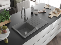 Mexen Cesar 1-compartment granite sink with a drip tray and kitchen mixer tap Savita, Grey - 6514-71-672601-71