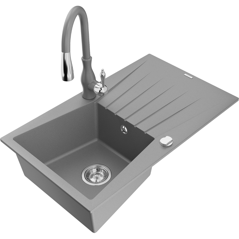 Mexen Cesar 1-bowl granite sink with drainer and Savita kitchen tap, grey - 6514-71-672601-71