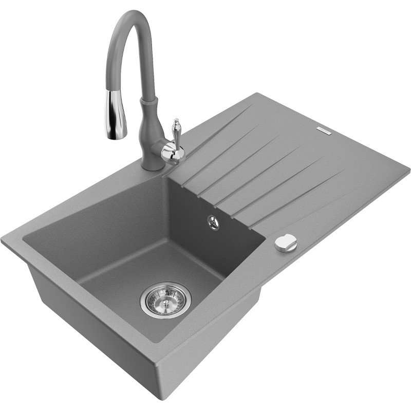 Mexen Cesar granite 1-bowl sink with drainer and Savita kitchen faucet, gray - 6514-71-672601-71