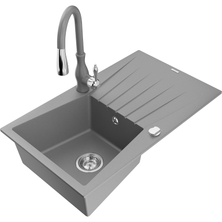 Mexen Cesar 1-compartment granite sink with a drip tray and kitchen mixer tap Savita, Grey - 6514-71-672601-71