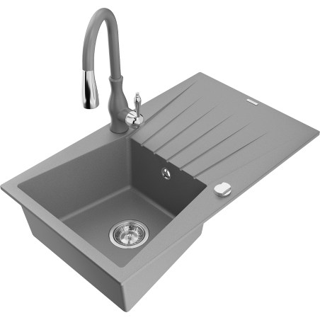 Mexen Cesar granite sink 1-bowl with drainer and kitchen faucet Savita, gray - 6514-71-672601-71