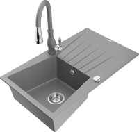Mexen Cesar 1-compartment granite sink with a drip tray and kitchen mixer tap Savita, Grey - 6514-71-672601-71