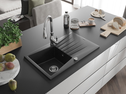Mexen Cesar granite sink, 1-bowl with drainer and Savita kitchen tap, black/silver metallic - 6514-73-672601-00