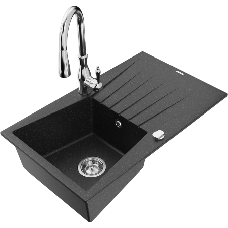 Mexen Cesar 1-bowl granite sink with drainer and Savita kitchen faucet, black/silver metallic - 6514-73-672601-00