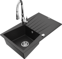 Mexen Cesar granite sink, 1-bowl with drainer and Savita kitchen tap, black/silver metallic - 6514-73-672601-00