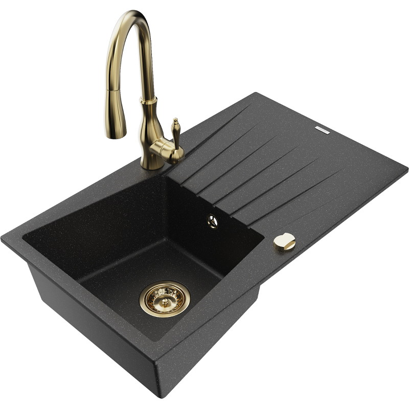 Mexen Cesar 1-bowl granite sink with drainer and Savita kitchen faucet, black/silver metallic - 6514-73-672601-50