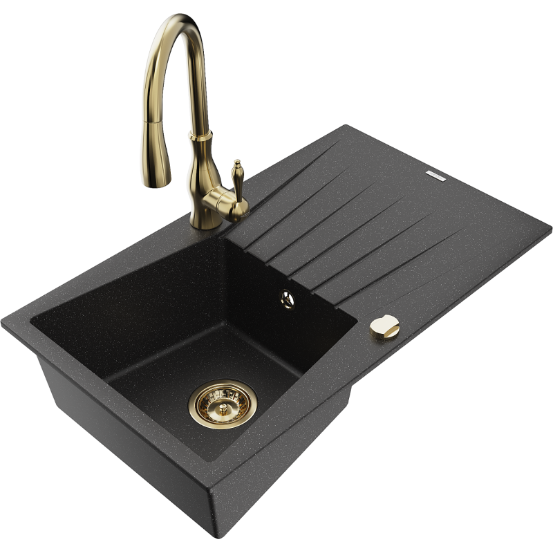 Mexen Cesar 1-bowl granite sink with drainer and Savita kitchen tap, black/silver metallic - 6514-73-672601-50