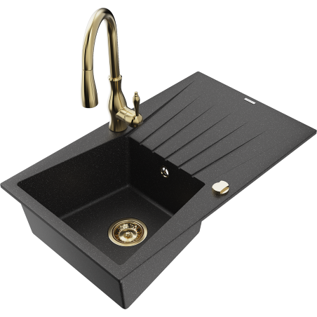 Mexen Cesar 1-bowl granite sink with drainer and Savita kitchen faucet, black/silver metallic - 6514-73-672601-50