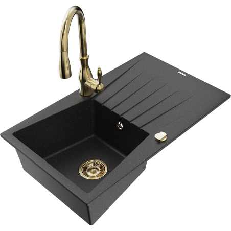 Mexen Cesar 1-bowl granite sink with drainer and Savita kitchen tap, black/silver metallic - 6514-73-672601-50