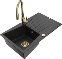 Mexen Cesar 1-bowl granite sink with drainer and Savita kitchen tap, black/silver metallic - 6514-73-672601-50