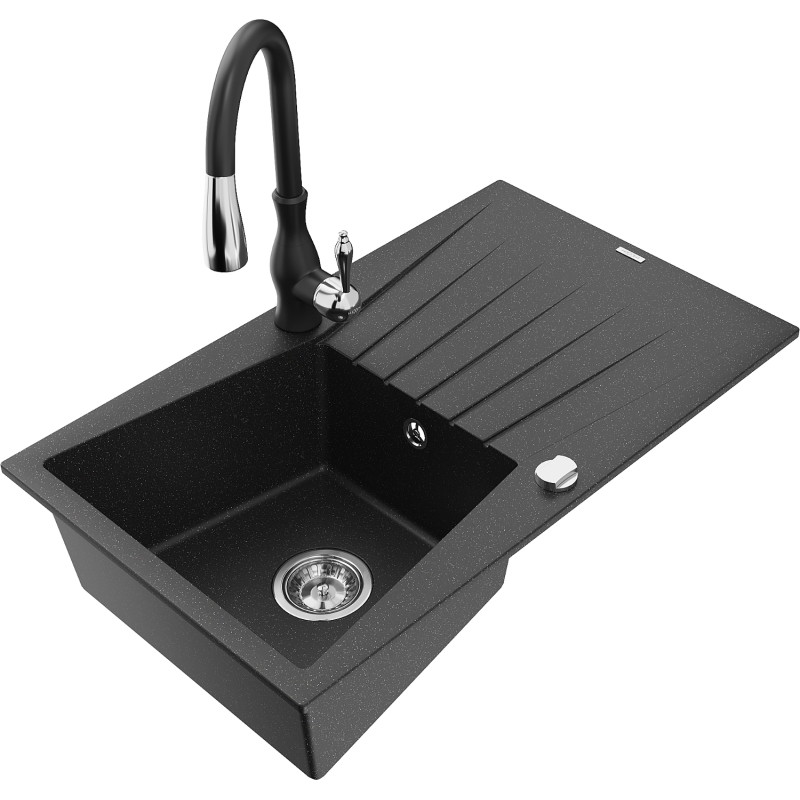 Mexen Cesar 1-bowl granite sink with drainer and Savita kitchen faucet, black/silver metallic - 6514-73-672601-70