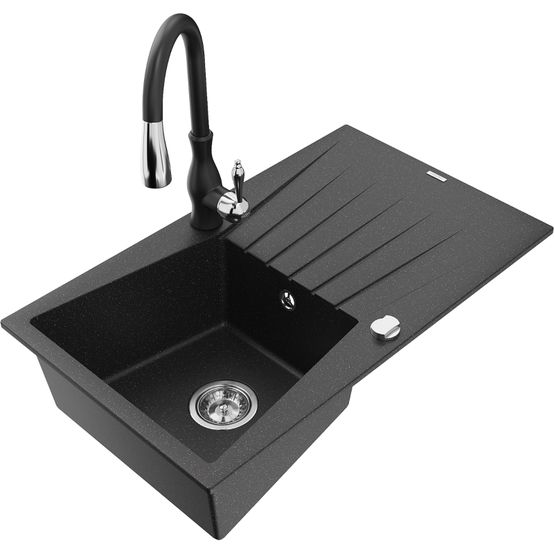 Mexen Cesar 1-compartment granite sink with a drip tray and kitchen mixer tap Savita, Black/Silver metallic - 6514-73-672601-70