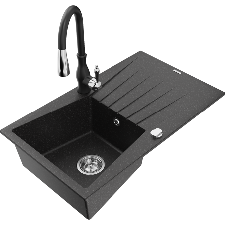 Mexen Cesar Savita Granite Single-Bowl Sink with Drainer and Kitchen Faucet, Black/Silver Metallic - 6514-73-672601-70