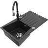 Mexen Cesar 1-bowl granite sink with drainer and Savita kitchen faucet, black/silver metallic - 6514-73-672601-70