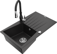 Mexen Cesar Savita Granite Single-Bowl Sink with Drainer and Kitchen Faucet, Black/Silver Metallic - 6514-73-672601-70