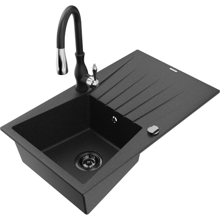Mexen Cesar granite sink 1-bowl with drainer and Savita kitchen faucet, black/silver - 6514-73-672601-70-B