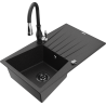 Mexen Cesar granite sink 1-bowl with drainer and Savita kitchen faucet, black/silver - 6514-73-672601-70-B