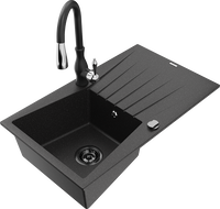 Mexen Cesar granite kitchen sink 1-bowl with drainer and Savita kitchen faucet, black/silver - 6514-73-672601-70-B
