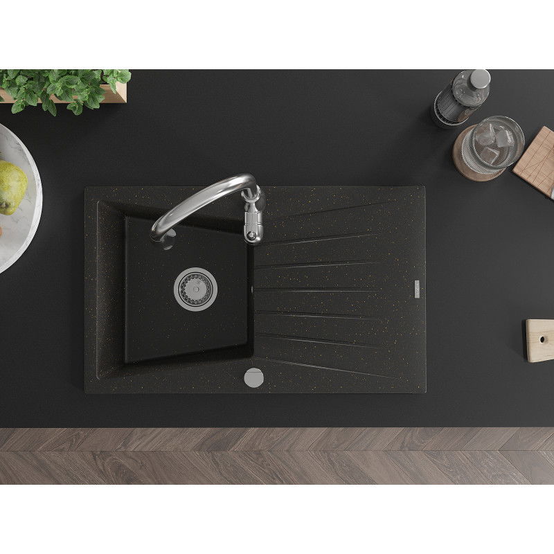 Mexen Cesar granite sink, 1-bowl with drainer and Savita kitchen tap, black/gold metallic - 6514-75-672601-00