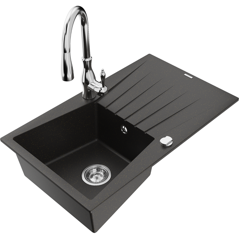 Mexen Cesar 1-compartment granite sink with a drip tray and kitchen mixer tap Savita, Black/Gold metallic - 6514-75-672601-00