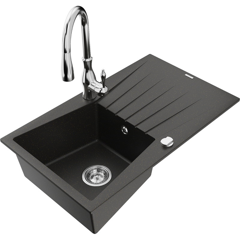Mexen Cesar granitic kitchen sink 1-bowl with drainer and Savita kitchen faucet, black/gold metallic - 6514-75-672601-00