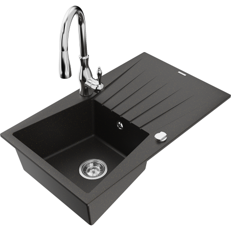 Mexen Cesar granite kitchen sink 1-bowl with drainer and Savita kitchen faucet, black/gold metallic - 6514-75-672601-00
