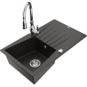 Mexen Cesar granite kitchen sink 1-bowl with drainer and Savita kitchen faucet, black/gold metallic - 6514-75-672601-00