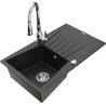Mexen Cesar granitic kitchen sink 1-bowl with drainer and Savita kitchen faucet, black/gold metallic - 6514-75-672601-00