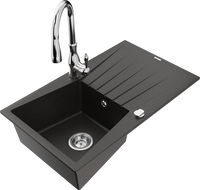 Mexen Cesar granitic kitchen sink 1-bowl with drainer and Savita kitchen faucet, black/gold metallic - 6514-75-672601-00
