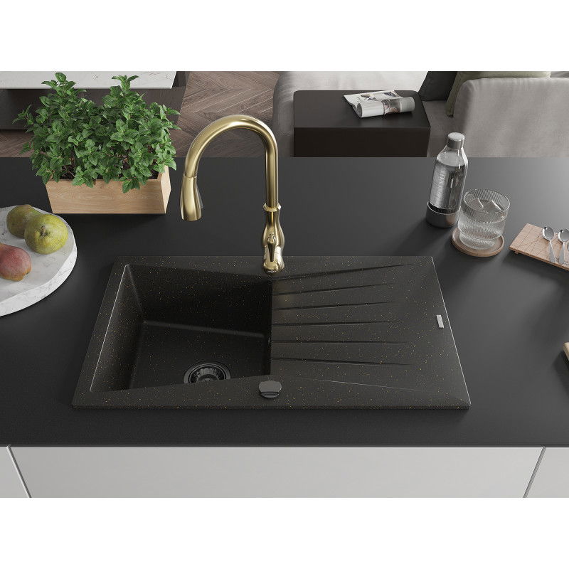 Mexen Cesar 1-Bowl Granite Kitchen Sink with Drainer and Savita Tap, Black/Gold Metallic - 6514-75-672601-50-B