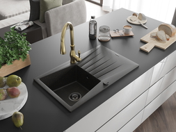 Mexen Cesar 1-compartment granite sink with a drip tray and kitchen mixer tap Savita, Black/Gold metallic - 6514-75-672601-50-B