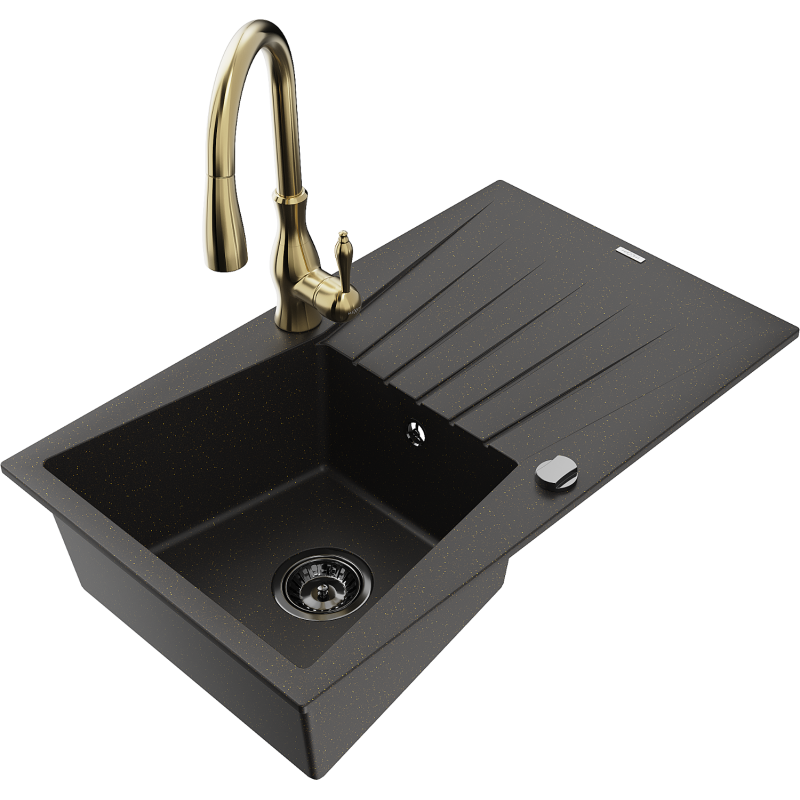 Mexen Cesar 1-Bowl Granite Kitchen Sink with Drainer and Savita Tap, Black/Gold Metallic - 6514-75-672601-50-B