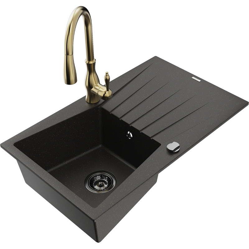 Mexen Cesar granite sink 1-bowl with drainer and Savita kitchen faucet, black/gold metallic - 6514-75-672601-50-B