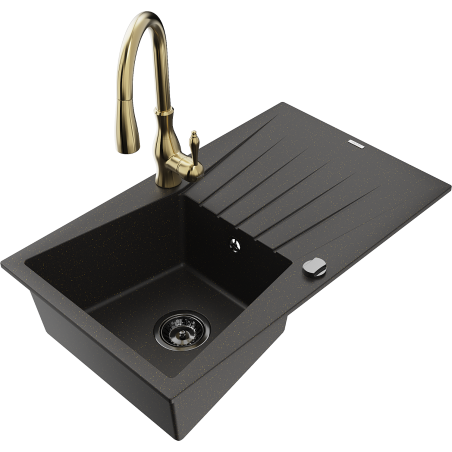 Mexen Cesar 1-Bowl Granite Kitchen Sink with Drainer and Savita Tap, Black/Gold Metallic - 6514-75-672601-50-B