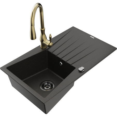Mexen Cesar granite sink 1-bowl with drainer and Savita kitchen faucet, black/gold metallic - 6514-75-672601-50-B