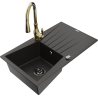 Mexen Cesar granite kitchen sink with drainer and Savita faucet, black/golden metallic - 6514-75-672601-50-B