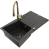 Mexen Cesar granite sink 1-bowl with drainer and Savita kitchen faucet, black/gold metallic - 6514-75-672601-50-B