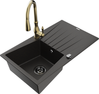 Mexen Cesar granite sink 1-bowl with drainer and Savita kitchen faucet, black/gold metallic - 6514-75-672601-50-B