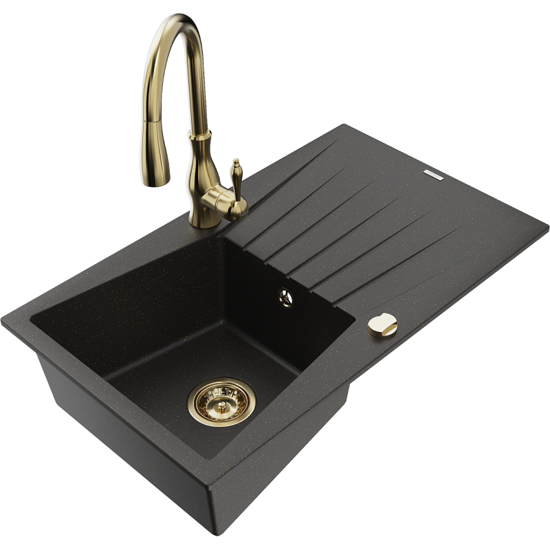 Mexen Cesar 1-compartment granite sink with a drip tray and kitchen mixer tap Savita, Black/Gold metallic - 6514-75-672601-50