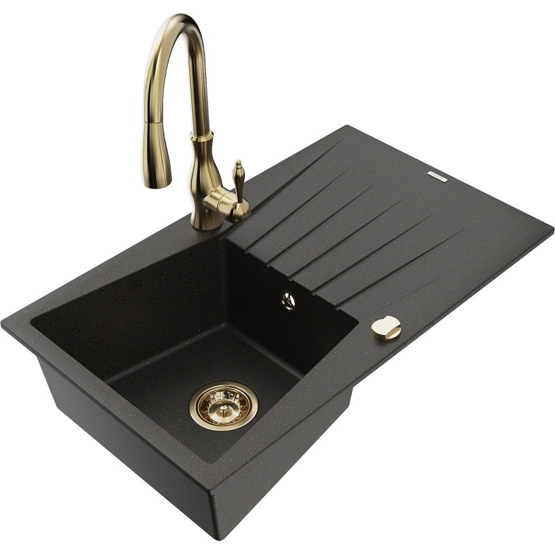 Mexen Cesar granite sink 1-bowl with drainer and kitchen faucet Savita, black/gold metallic - 6514-75-672601-50