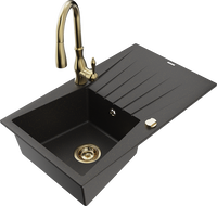 Mexen Cesar granite sink 1-bowl with drainer and Savita kitchen tap, black/gold metallic - 6514-75-672601-50