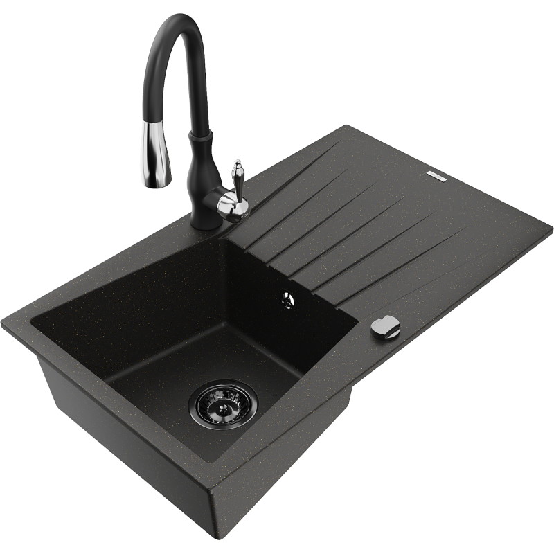 Mexen Cesar granite kitchen sink 1-bowl with drainer and Savita kitchen faucet, black/gold metallic - 6514-75-672601-70-B