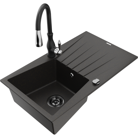 Mexen Cesar granite kitchen sink 1-bowl with drainer and Savita kitchen faucet, black/gold metallic - 6514-75-672601-70-B