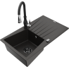 Mexen Cesar granite kitchen sink 1-bowl with drainer and Savita kitchen faucet, black/gold metallic - 6514-75-672601-70-B
