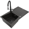 Mexen Cesar granite kitchen sink 1-bowl with drainer and Savita kitchen faucet, black/golden metallic - 6514-75-672601-70-B